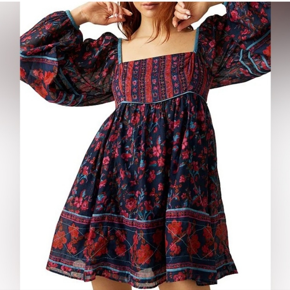 Free People Navy Floral Mini Dress with Red & Teal Accents